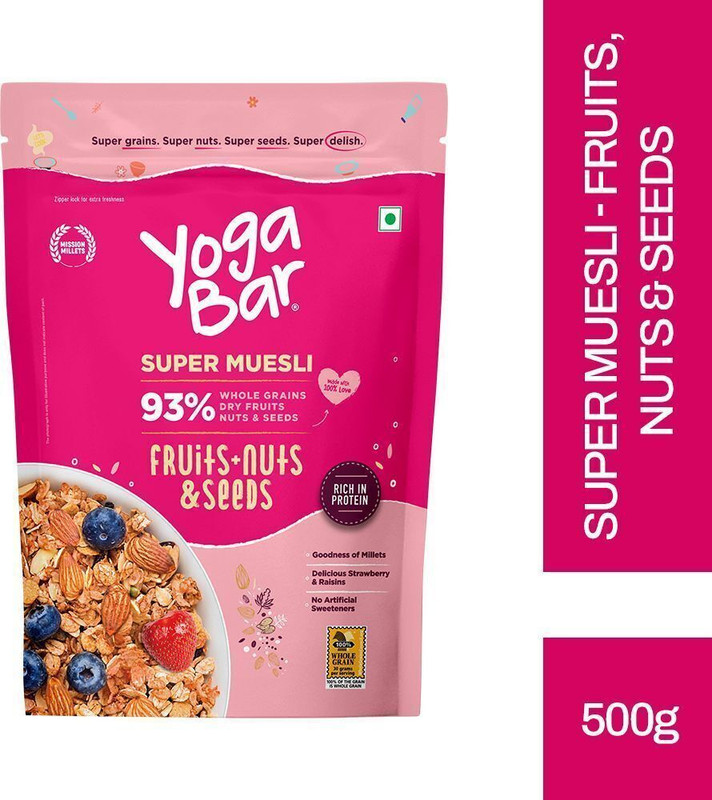 Yogabar Muesli 500g Fruits Nuts&Seeds| Breakfast Cereal with High Fibre, High Protein Pouch(500 g)