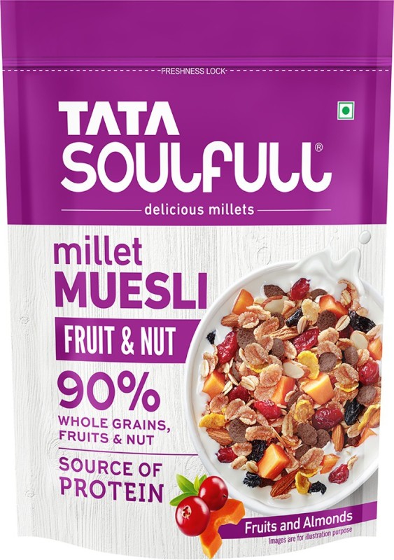 Tata Soulfull Fruit & Nut Millet Muesli, 90% Whole Grains, Source of Protein, Goodness of Ragi Pouch  (500 g)