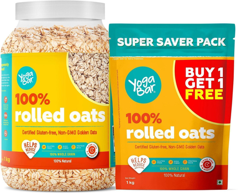 Yogabar 100% Rolled Oats 2kg Buy 1 Get 1 Free|Premium Golden Oats|Gluten Free|1kg x 2 Jar(2 x 1 kg)