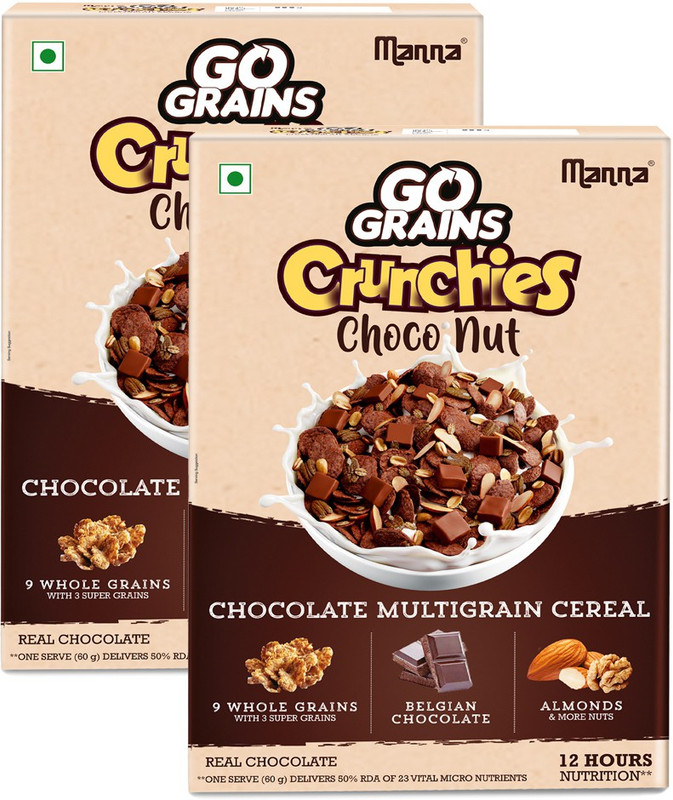 Manna Go Grains Crunchies Choconut|Kids Breakfast Cereal |Real Chocolate|Chocos|Museli Refill