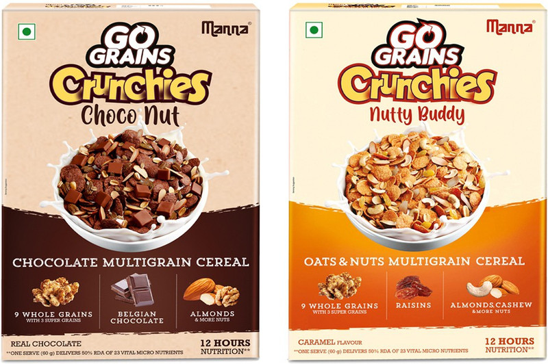 Manna Go Grains Crunchies Kids Breakfast Cereal|Museli|Chocos|Choconut & Caramel Combo Refill