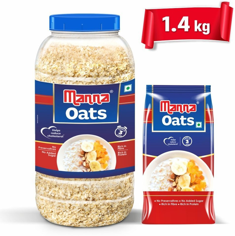 Manna Oats 1.4kg - High Protein Oats & Fiber, Instant Wholegrain Breakfast Cereal Plastic Bottle(2 x 0.7 kg)