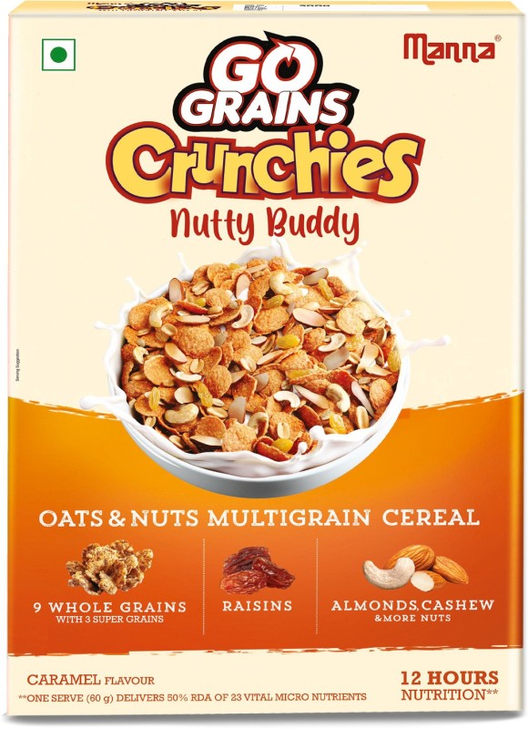 Manna Go Grains Crunchies – Caramel Multigrain Kids Breakfast Cereal-12Hours Nutrition Refill