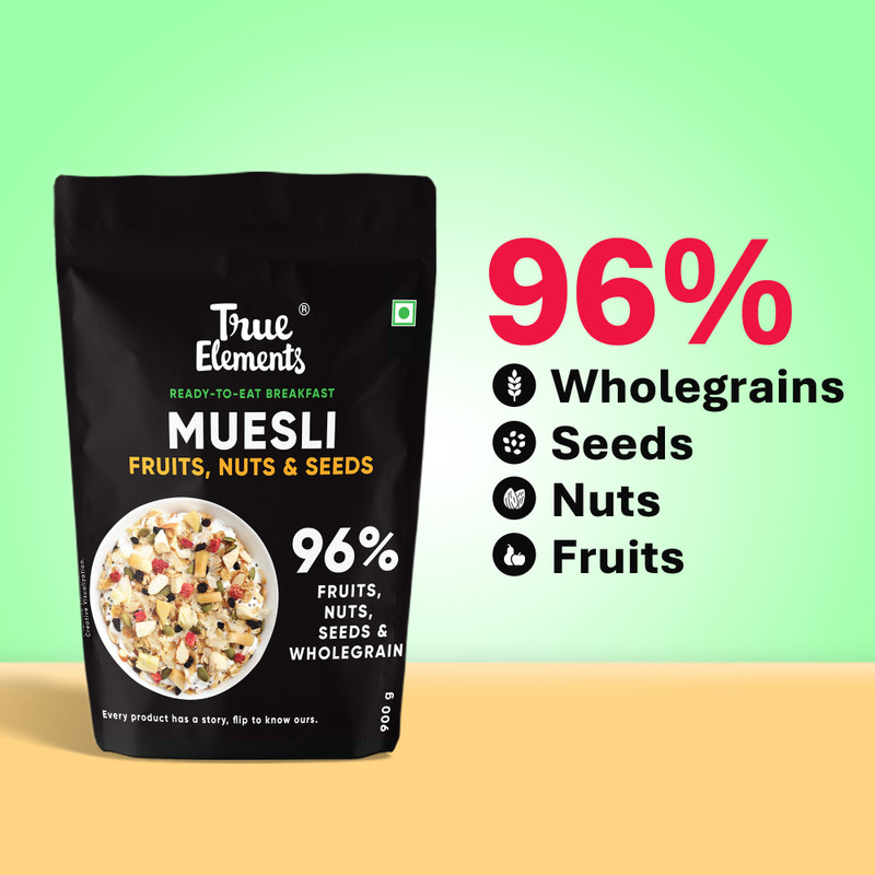 True Elements Fruit and Nut Muesli, Zero Added Sugar, Ready to Eat Breakfast, High Protein Pouch(900 g)