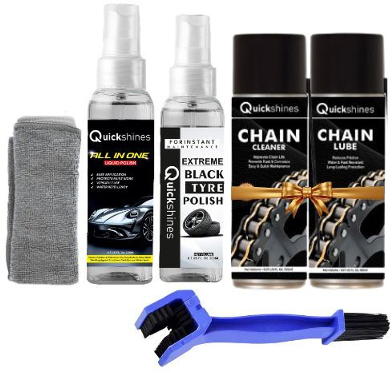 quickshine Bike Tyre Dashboard Chain Cleaning Essential Care Kit Combo