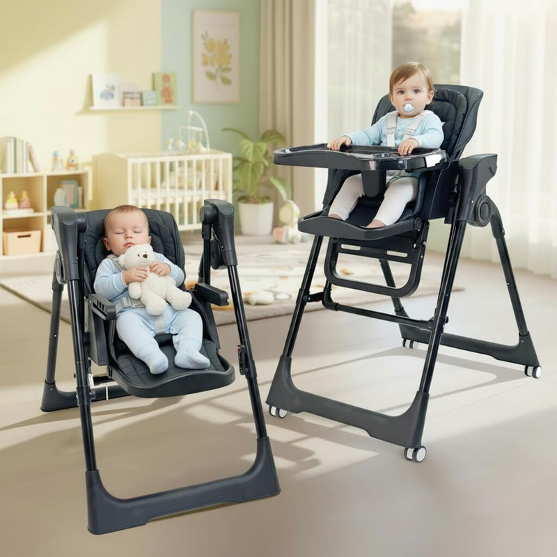StarAndDaisy Baby High Chair for kids, Automatic Swing Cradle Adjustable Backrest & Footrest(Black)