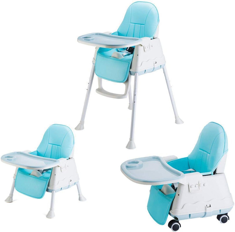 SYGA High Chair for Baby Kids, Safety Toddler Feeding Booster Seat Dining Table Chair with Wheel and Cushion (Blue)(Blue)