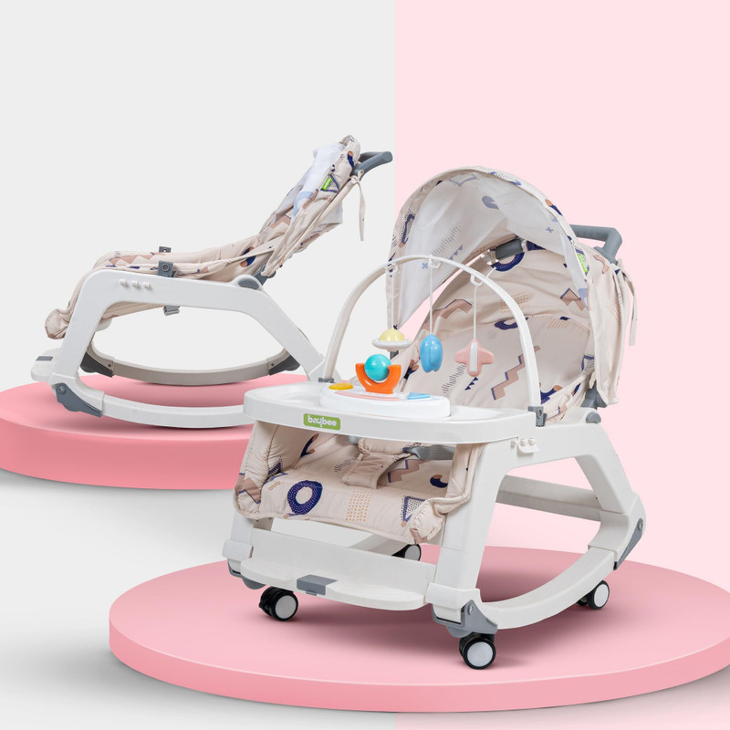 baybee 5 in 1 Baby Rocking Chair for Kids Hanging Toy Baby Dining Booster Seat for Baby(Multi Position Recline Music Wheels Food Tray for 0 to 2 Years Boys Girls (Grey))