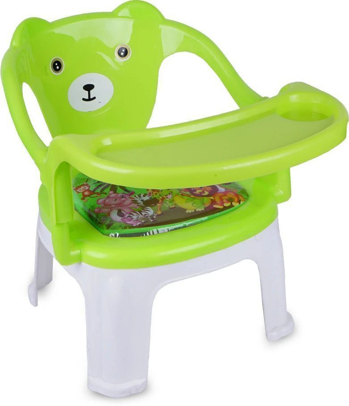 asian Kids Bear-Themed Feeding Chair with Tray – Green & White(Green, White)