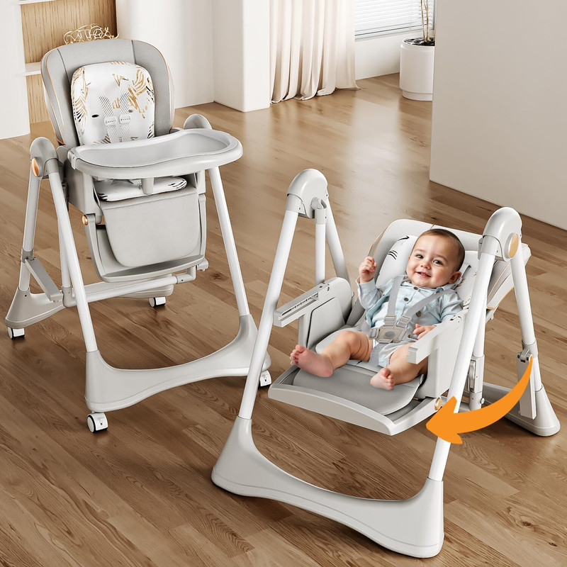 baybee Convertible 3-in-1 Baby High Chair for Kids Baby Feeding Chair for 0 to 5 Years(5 Height Adjustable, Footrest, Tray, 160° Recline, Safety Belt & Wheels, Grey)