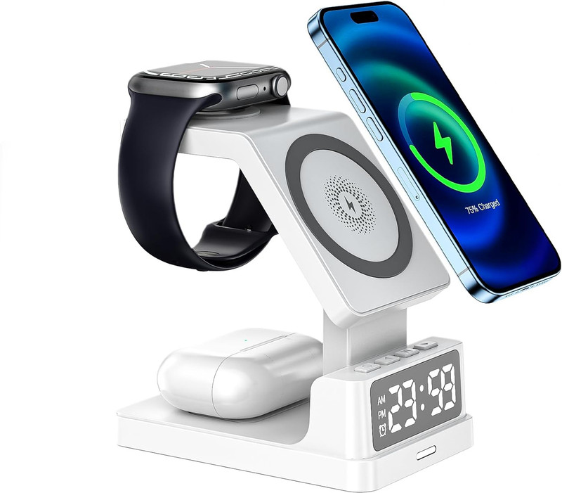 Jxrev 23W 3 in 1 Wireless Charger with Alarm Clock for iPhone 17 to 12,Air-pods/iWatch Charging Pad