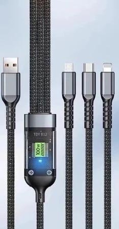 Huntindia Type C Charger Cable LED Display Braided Cable 100w 3-in-1 Data Charging Cable Charging Pad