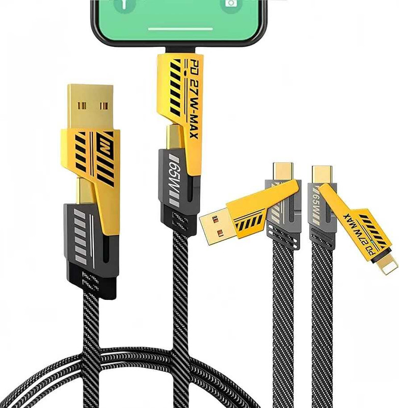 Wishmech 4 in 1 Metal Alloy Ports Fast Charging & Data Transfer 65W Cable|Super Durable Charging Pad
