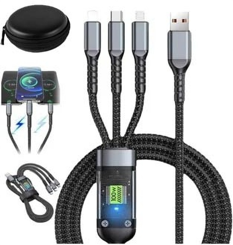 POZUB Transparent Luminous 3in1 100w Charging Data Cable USB to Type-C/Micro/IOS+Pouch Charging Pad