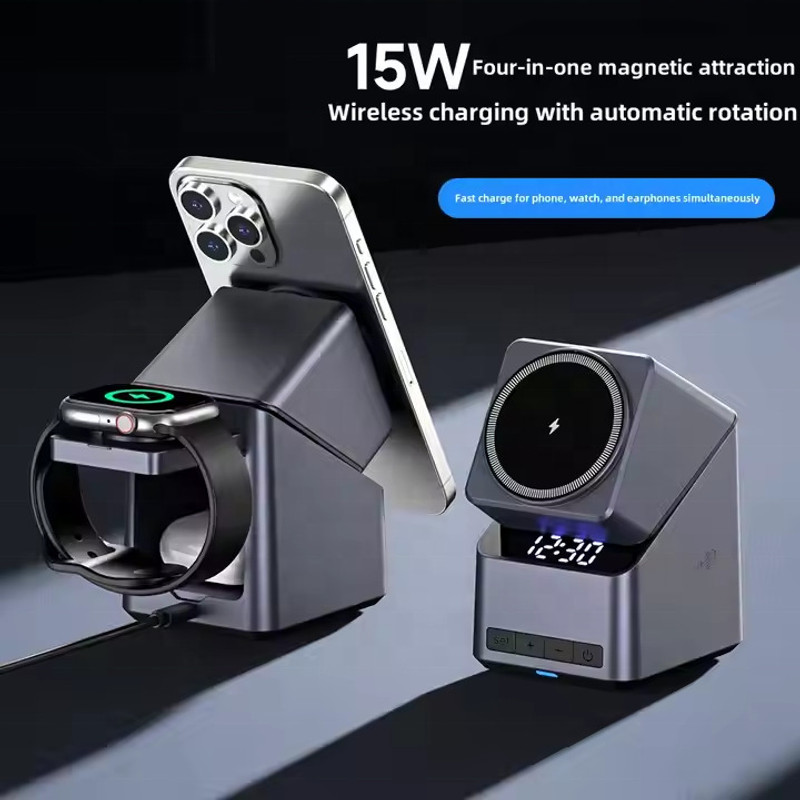 olsic 4-in-1 Magnetic Wireless Charger with Clock for iPhone, Watch & AirPods Charging Pad