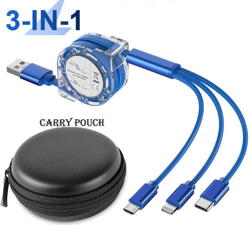 BUFONA Retractable USB Charging Cable 3in1 Fast Charger Cord Data Cable +Carry Pouch Charging Pad