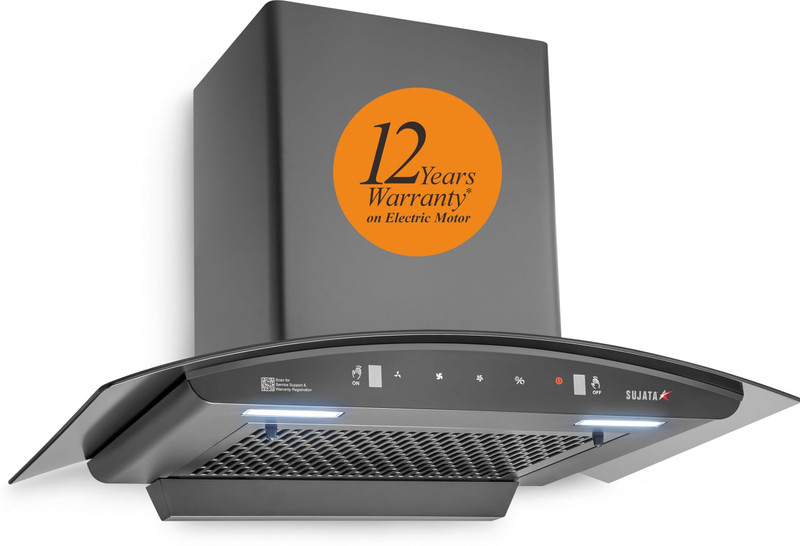 SUJATA Pearl 60 Chimney for Kitchen | Chimney For Kitchen 60cm | Filter Less Auto Clean Auto Clean Wall Mounted Black 1350 CMH Chimney