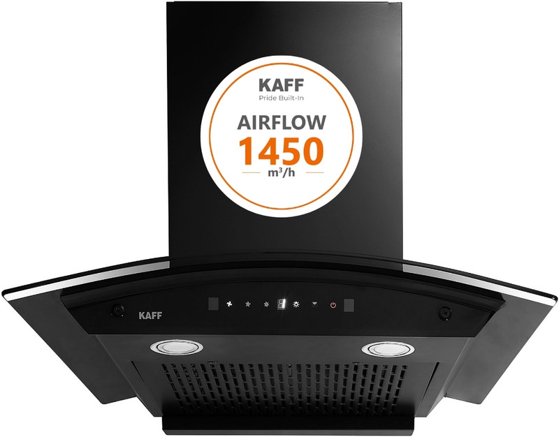 Kaff KEC60A Curve Glass Chimney 60 CM 1450 CMH 60 cm Filterless Touch & Motion Sensor 2 Years Comprehensive and Lifetime* (10 years) on Motor Warranty Auto Clean Chimney(Wall Mounted, Black)
