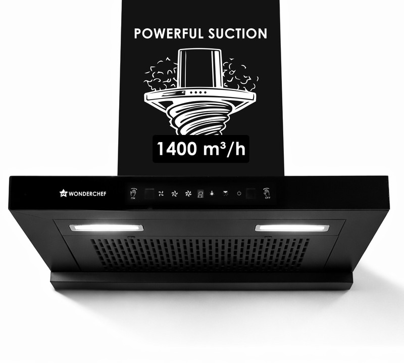 WONDERCHEF Ruby Sleek 1400 CMH 60 cm Powerful Suction Auto Clean Function Oil Collector Low Noise Auto Clean Chimney(Wall Mounted, Black)
