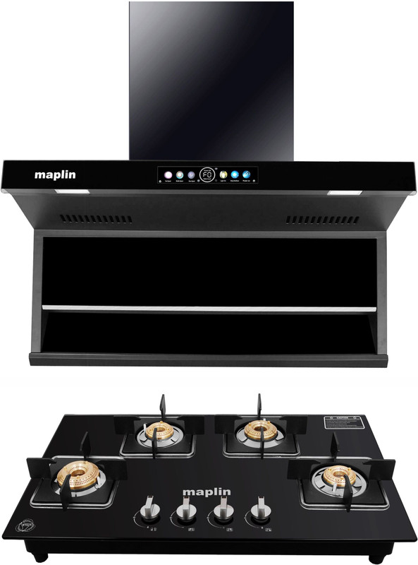Maplin Combo of Kitchen Chimney T05 Long + 4 Burner Gas Cooktop GH04 Black Auto Clean Wall Mounted Black 1400 CMH Chimney