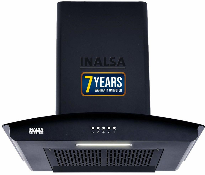 Inalsa Zylo 60PBAC Filterless 1250 m³/hr Curved Glass, Push Button Control Auto Clean Wall Mounted Chimney (Black 1250 CMH)