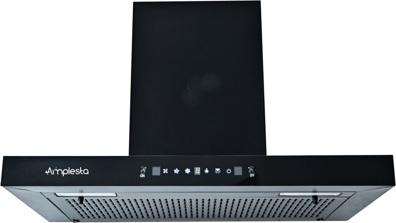Amplesta Sereno Auto Clean T-Shape 90cm, Touch & Gesture Control, Filterless, Low Noise Auto Clean Wall Mounted Black 1350 CMH Chimney