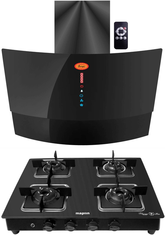 Maplin Combo of 4 Burner (GH04)Auto Ignition LPG Cooktop and SS75 Voice control Auto Clean Wall Mounted Black 1400 CMH Chimney