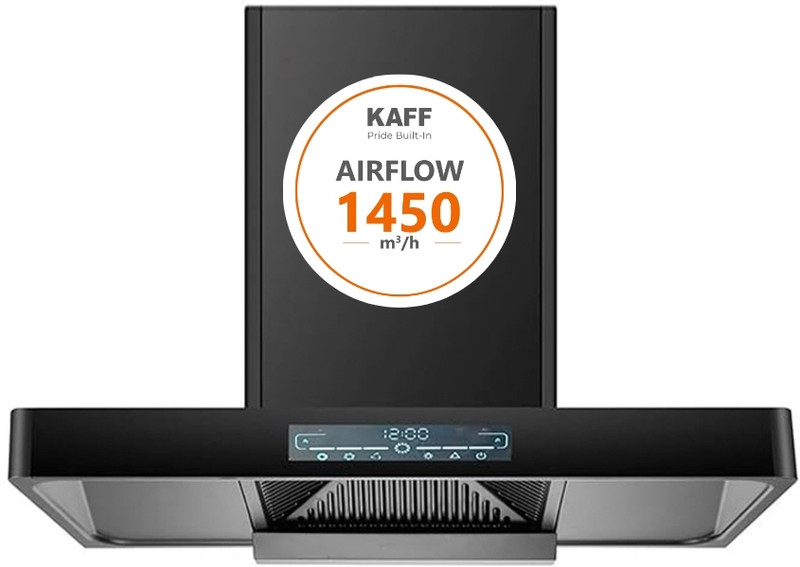 Kaff K-SERIES KET 90A T-Shape Filterless Chimney 90 CM with 1450 m3/hr Suction 1450 CMH 90 cm Filterless Touch/Gesture Control Color Digital Display 2 yr Comprehensive,10 yr Motor Warranty Low Noise , High Performance Matt Black Finish T- Shape Chimney(Wall Mounted, Grey)