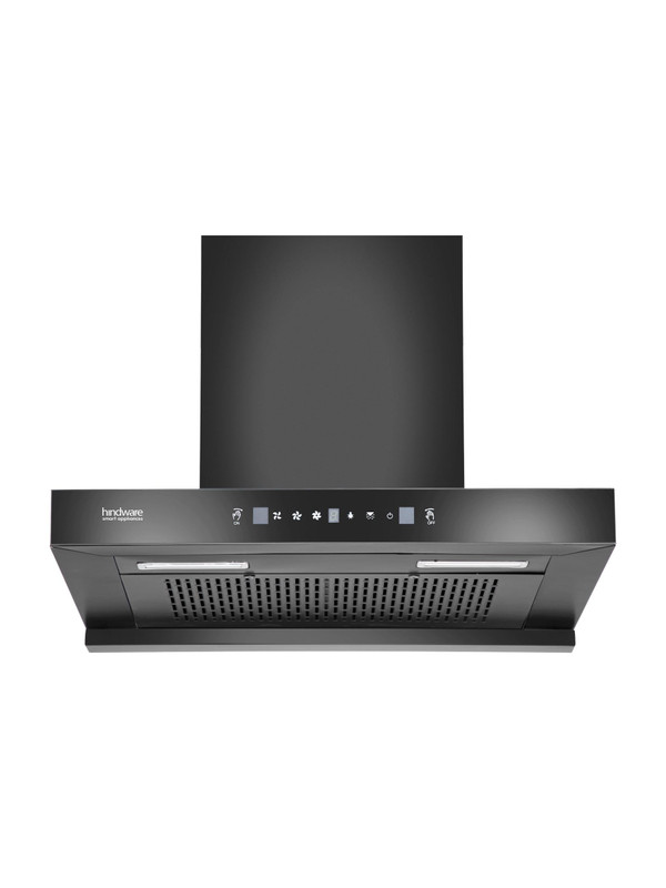 Hindware Smart Appliances Tayla 75 1300 CMH 75 cm T-Shape Filterless Touch Control Motion Sensor Energy Efficient LED Light Powerful Suction Auto Clean Chimney(Wall Mounted, Black)