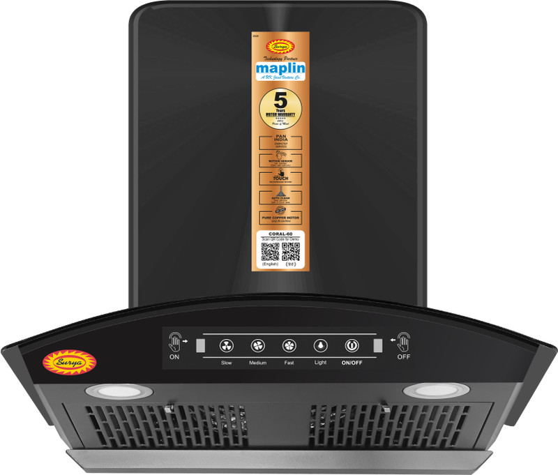 SURYA Coral 60cm 1500 CMH 60 cm Auto Clean Chimney(Wall Mounted, Black)