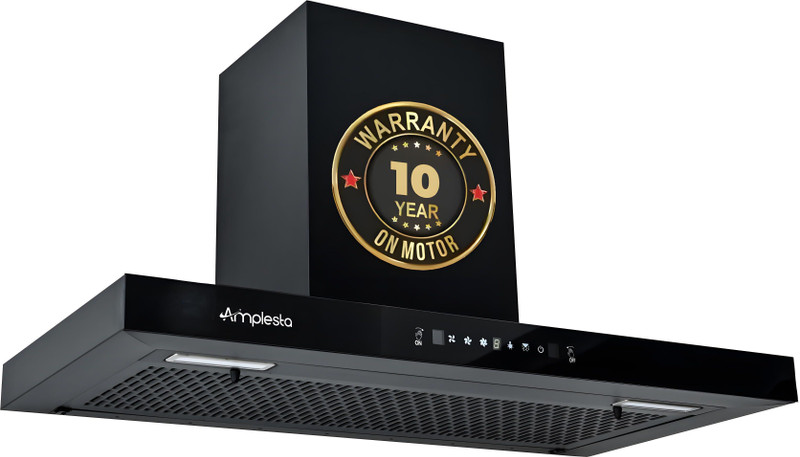 Amplesta Sereno Auto Clean T-Shape 90cm, Touch & Gesture Control, Filterless, Low Noise Auto Clean Wall Mounted Black 1350 CMH Chimney