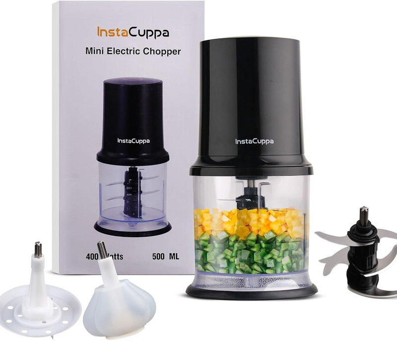InstaCuppa Electric Chopper with Garlic Peeler | Stainless Steel Blades | Egg Beater 400W Electric Vegetable & Fruit Chopper(1 Chopper)