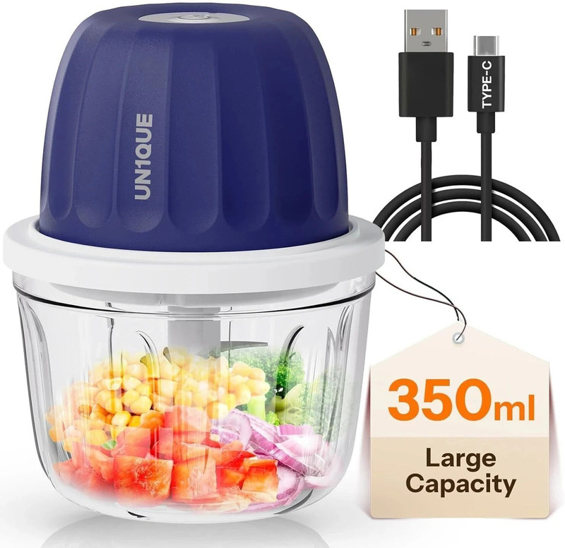 UN1QUE 350ML Rechargeable Mini Electric Chopper for Kicthen, 304 Stainless Steel Blades Electric Vegetable & Fruit Chopper(1 Chopping Blade, 1 Bowl, 1 Lid, 1 Charging Cable, 1 User Manual)