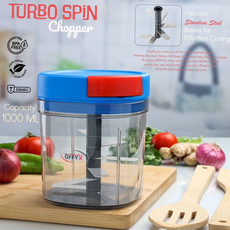 OFFYX Turbo Spin Chopper: 600ml Capacity, Blue & Red, 6X Blades, Compact Size Vegetable & Fruit Chopper(1 Chopper)