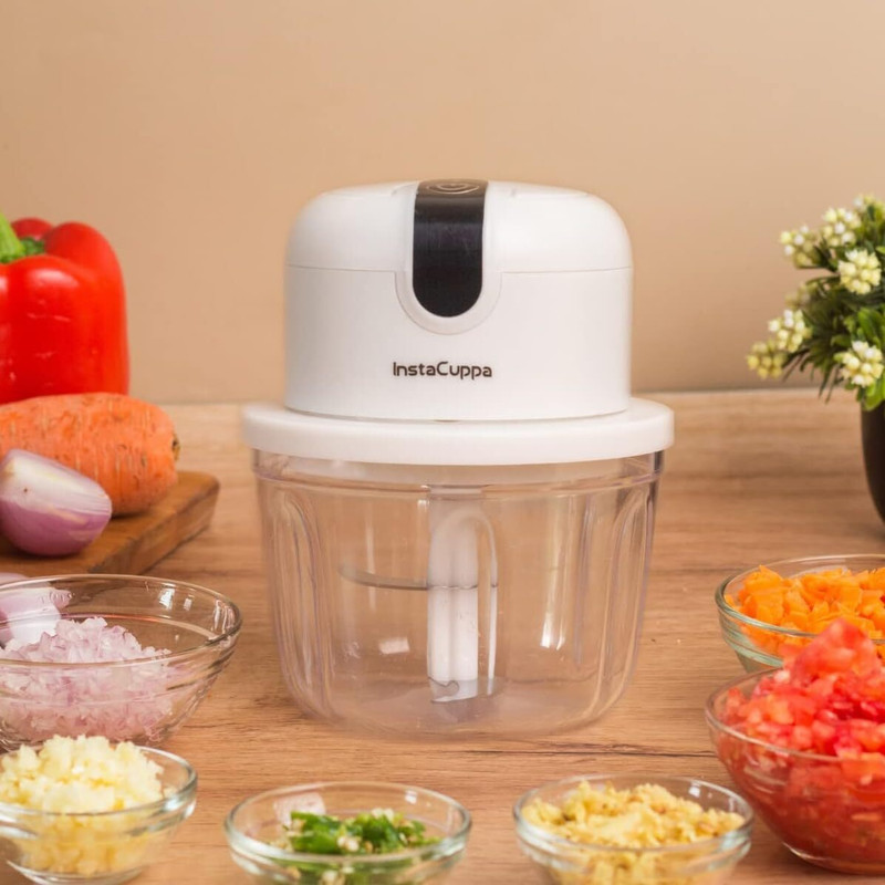 InstaCuppa Rechargeable Electric Chopper | USB-C Stainless Steel Blades | 1800 mAh Battery Electric Vegetable & Fruit Chopper(Cutting Head , Food Bowl , USB Charging Cable)