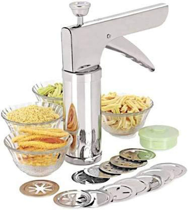 IMPOTECH Kitchen Press Bhujiya & Namkeen Maker Machine with 15 Different Jalies Slicer(Chakli Maker, Silver Color)