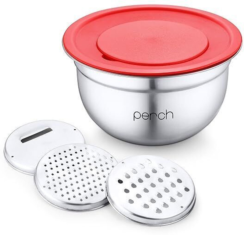 PERCH Stainless Steel Multi-Purpose Bowl with 3 Interchangeable Graters & Airtight Lid Vegetable & Fruit Grater & Slicer(1 Chopper)
