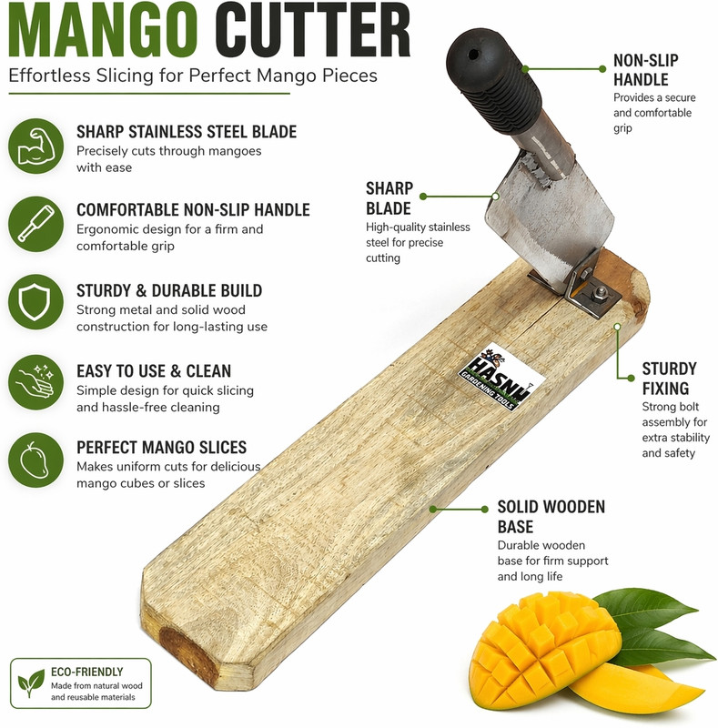 HASNU by HASNU GARDENING TOOLS Heavy Duty Mango Cutter with Wooden Base & Iron Blade – Manual Raw Mango Cutter Vegetable & Fruit Scraper(1 Chopper, 1 pair of gloves)