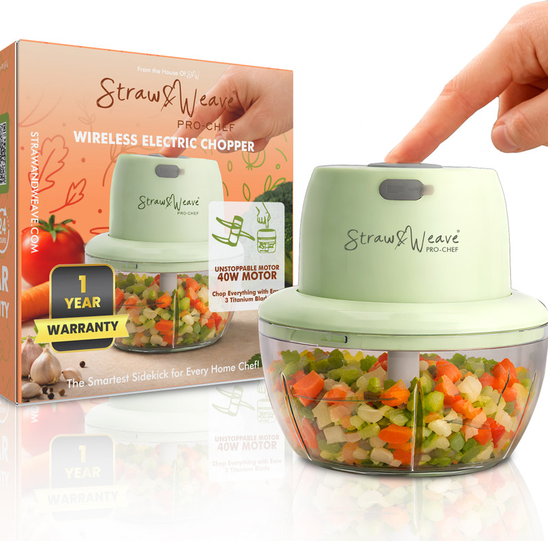 Straw&Weave Rechargeable Mini Food Grade Bowl, Stainless Steel Blades, 1 Year Warranty Electric Vegetable & Fruit Chopper(1xChopper Set)