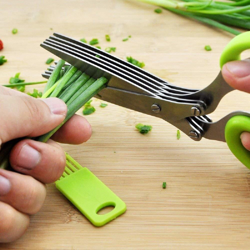 Kinematic Enterprise Multi-Functional Stainless Steel Kitchen Knives 5 Layers Scissors for Kitchen use Cut Herb Spices Cooking Tools Vegetable Cutter with Cleaning Brush (Multicolor) Scissors(Set of 1, Green)