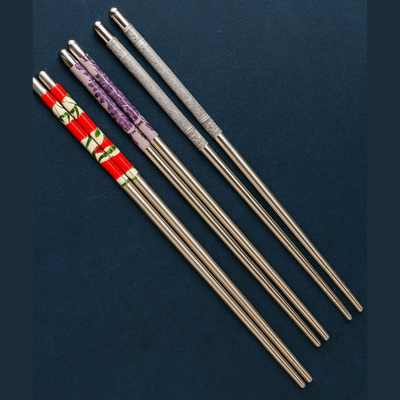 HICHAKI Eating, Training, Cooking, Decorative Stainless Steel, Bamboo Chinese, Korean, Japanese, Vietnamese Chopstick(Blue, Red, Brown Pack of 6)
