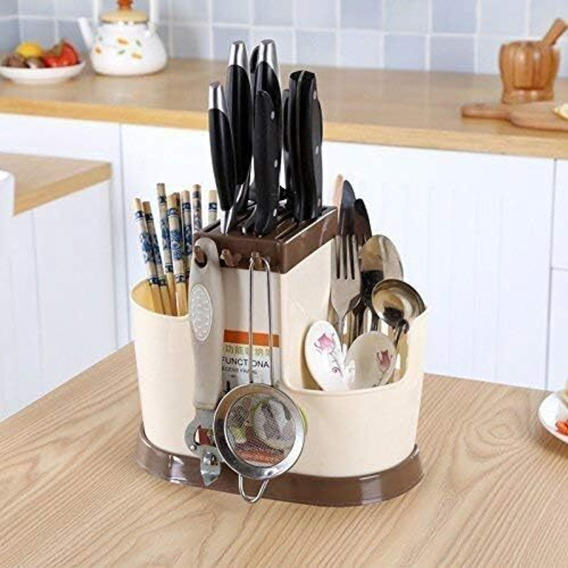FLYUP Kitchen Utensil Holder – Cutlery Organizer with Drainage & Hooks Plastic Cutlery Set(Pack of 1)