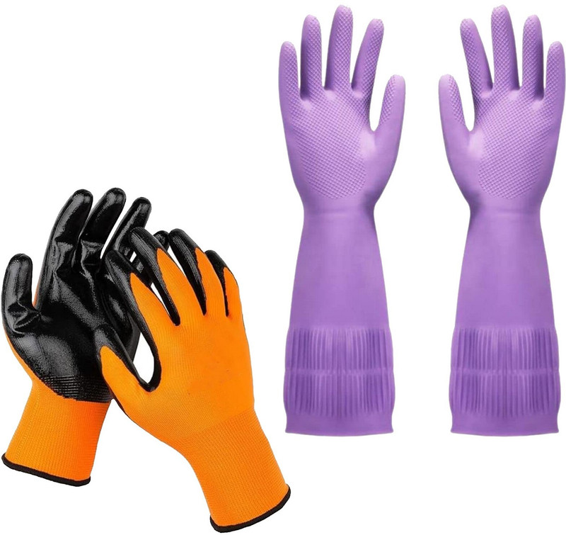 HM EVOTEK Nitrile Coated Industrial Safety Hand Gloves | Long Sleeve Cleaning Gloves K5 Skating Gloves(Orange, Purple)