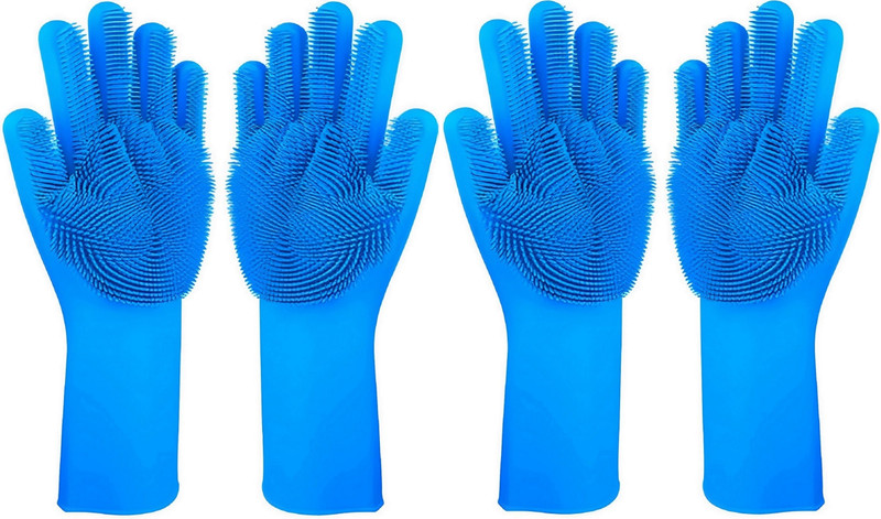 HM EVOTEK Dog Cat Grooming Glove Silicone Fur Remover Bath Cleaning Brush P3 Grooming Gloves for Dog, Cat, Dog & Cat, Rabbit, Horse, Pony, Cow, Guinea Pig, Hamster, Ferret, Miniature Pig, Donkey(Blue, Large)
