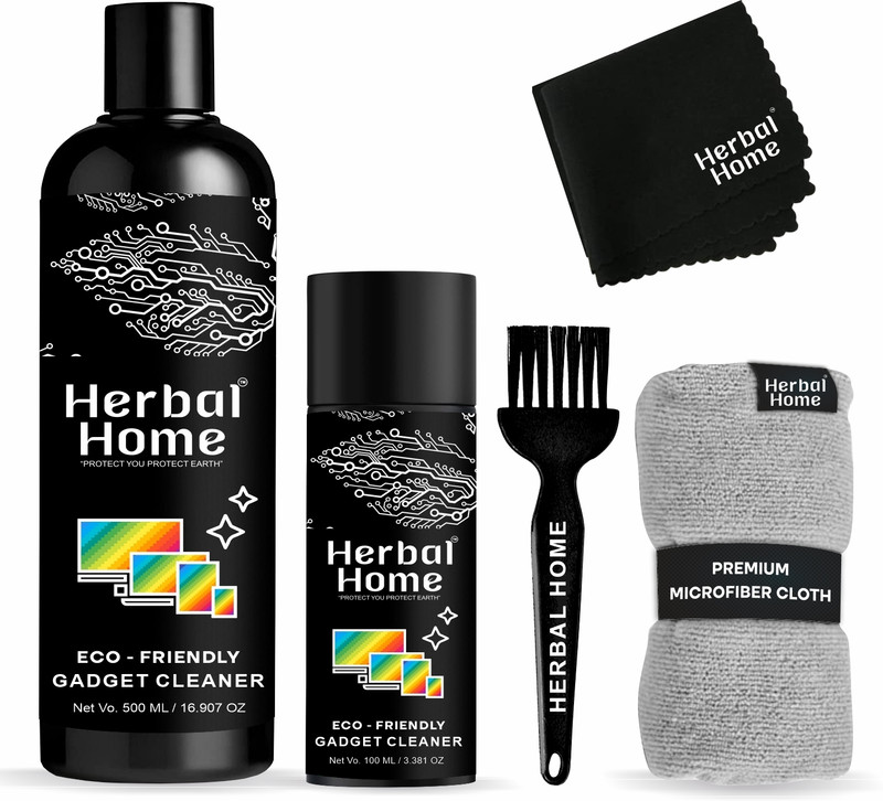 Herbal Home Gadget Cleaner 100Ml, 1 Screen Cloth, 1Brush, 1Refill 500Ml, 1 Microfiber Cloth for Computers, Laptops, Mobiles, Gaming(Super Advance Refill Kit 500)