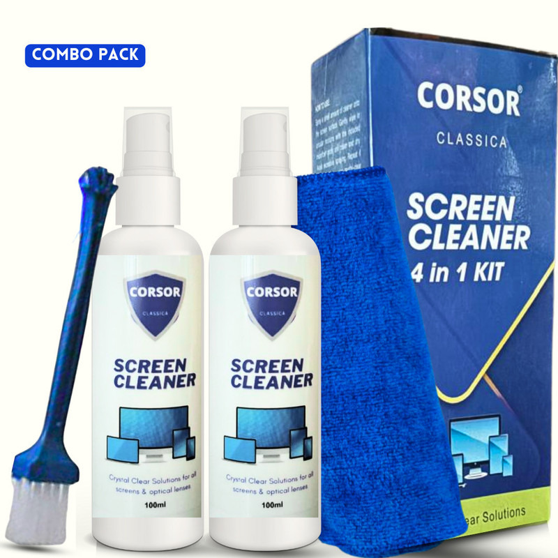 CORSOR Screen Cleaning Kit with Microfiber Cloth and Brush (Pack of 2x100 ml) for Computers, Mobiles, Laptops, Gaming(4IN1 COMBO KIT)