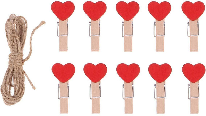 Prescent pack of 10 Mini Red Heart Wooden Photo Paper and multipurpose Clips with String Wooden Cloth Clips(Brown, Red Pack of 10)