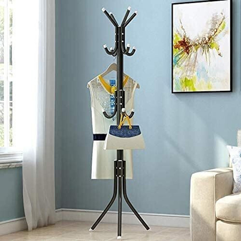 LUKZER Steel Floor Cloth Dryer Stand 8 Hook Coat Hanger hanging Stand for Clothes (Black)(3 Tier)