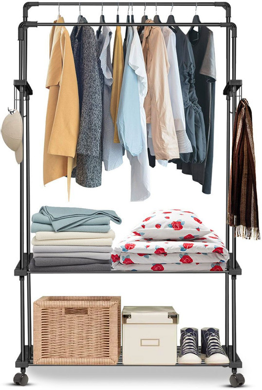 LEOPAX Steel Floor Cloth Dryer Stand Metal Cloth Rail with 10 Side Hooks and 2 Lower Shelves(3 Tier)