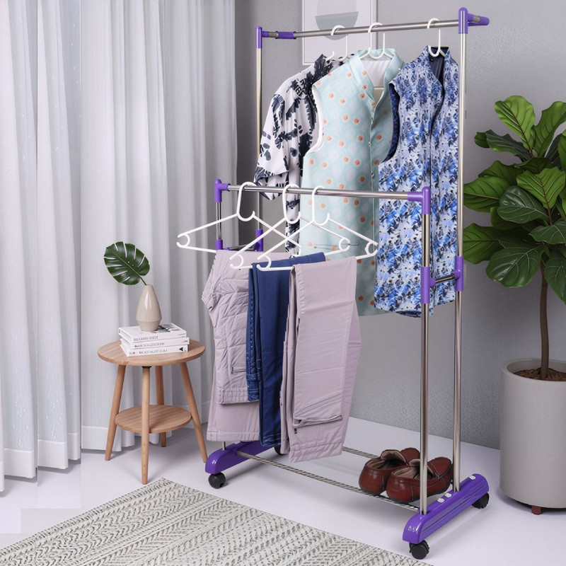 Unizone Wardrobe Style Portable Cloth Hanging Stand with Wheels and Shoe Rack PP Collapsible Wardrobe(Finish Color - Purple, DIY(Do-It-Yourself))